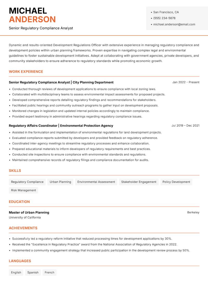 Development Regulations Officer resume template — Modern Professional