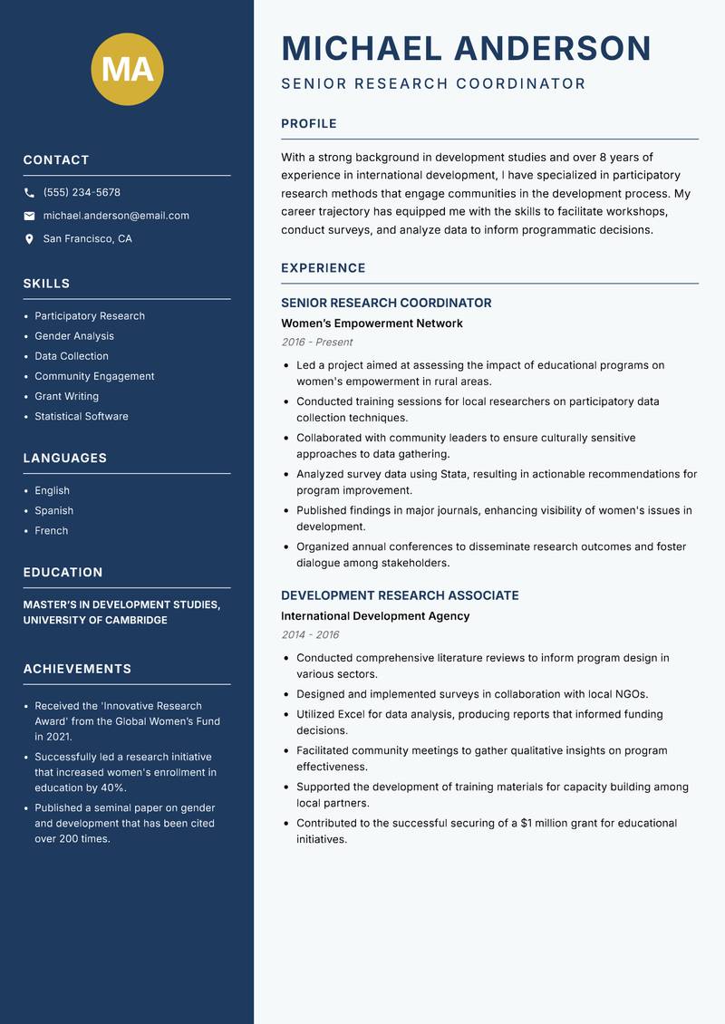 Development Studies Researcher resume template — Classic Clean