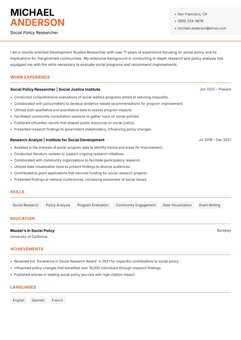 Development Studies Researcher resume template — Modern Professional