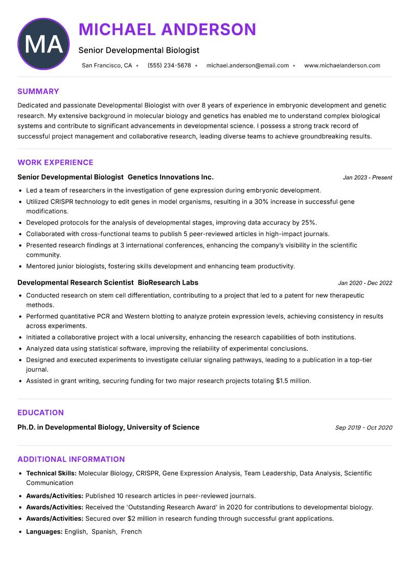 Developmental Biologist resume example — ATS-friendly template