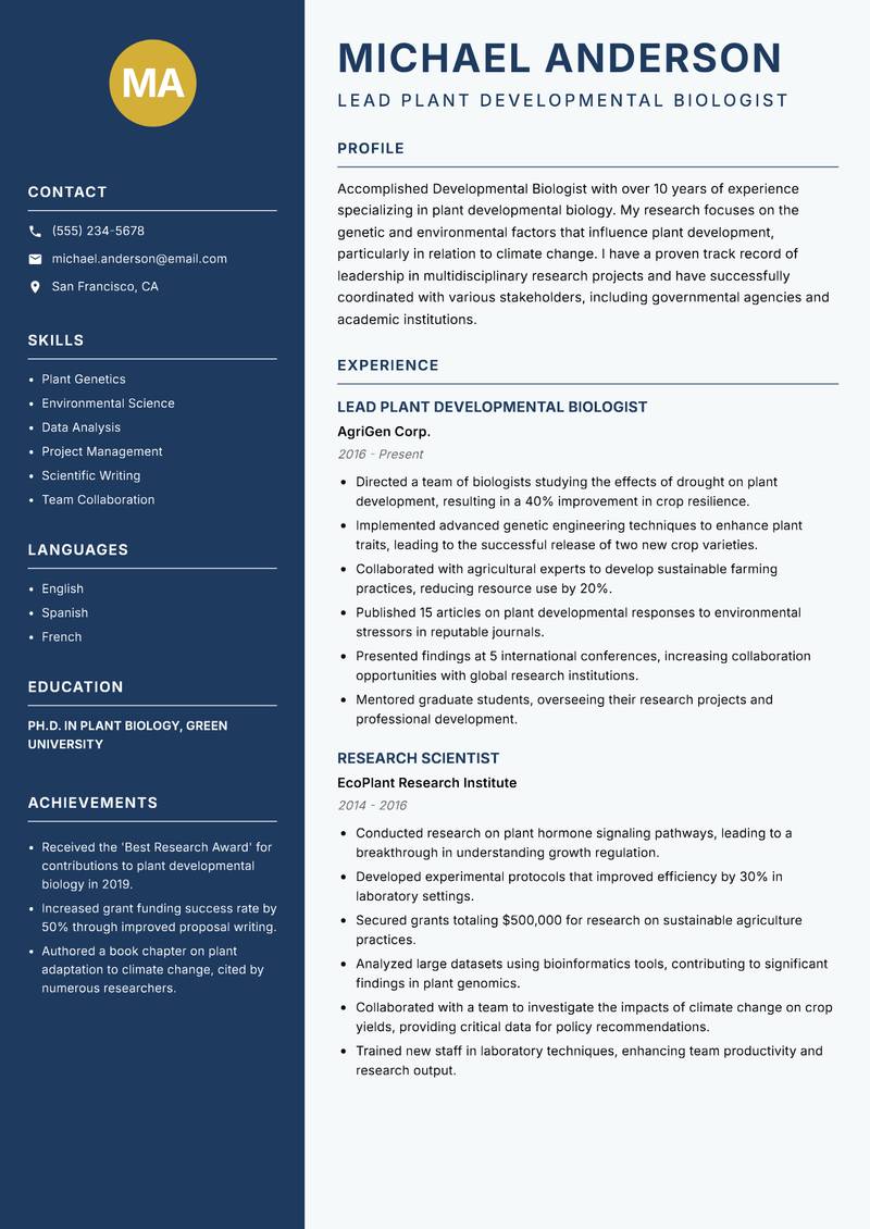 Developmental Biologist resume template — Classic Clean