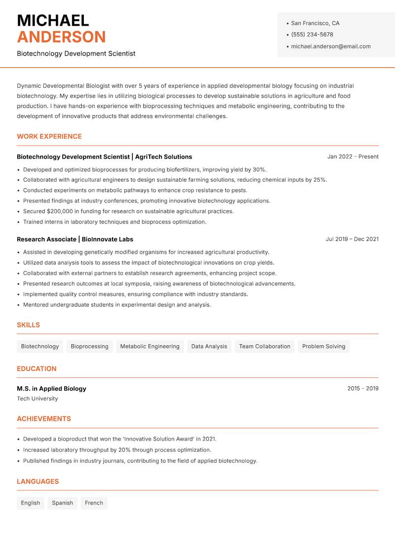Developmental Biologist resume template — Modern Professional