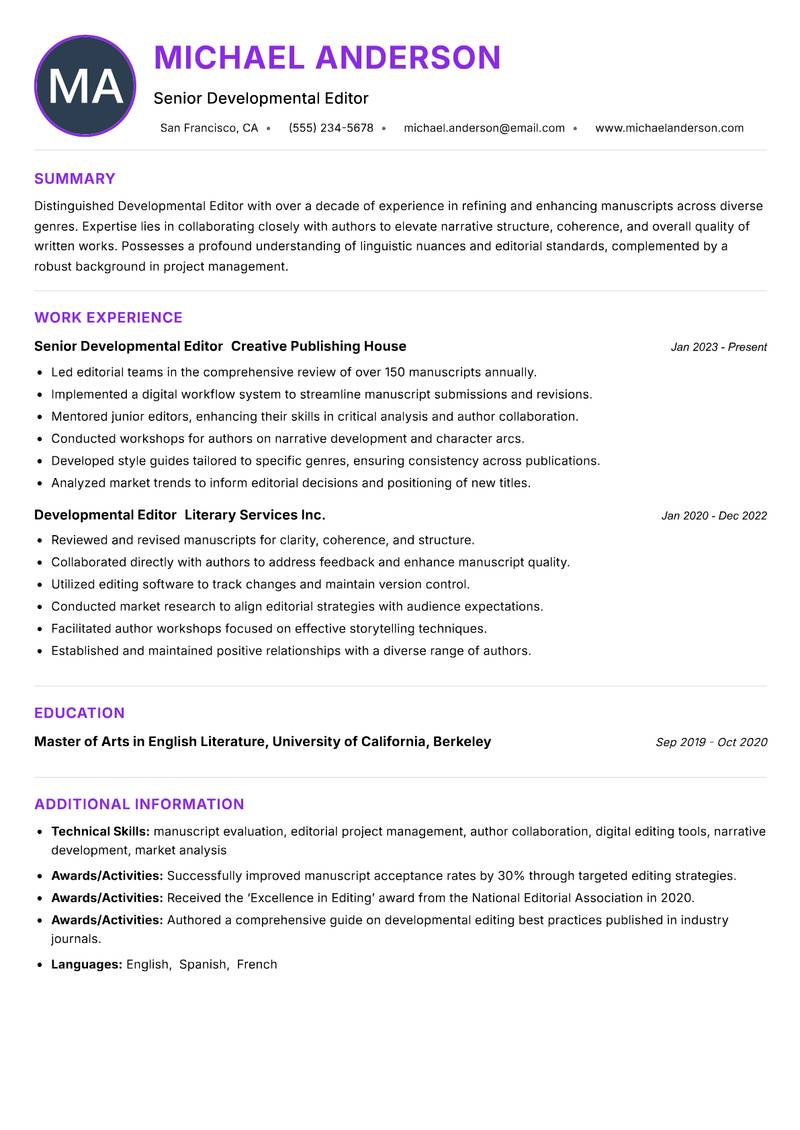 Developmental Editor resume example — ATS-friendly template