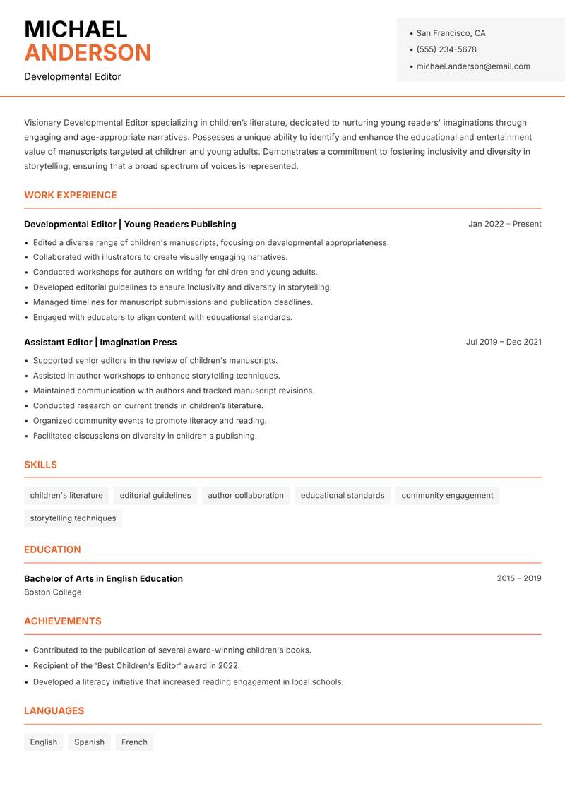 Developmental Editor resume template — Modern Professional