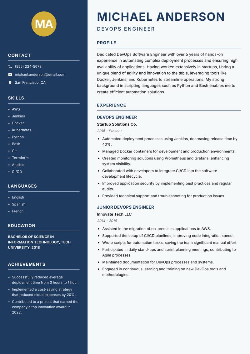 DevOps Software Engineer resume template — Classic Clean