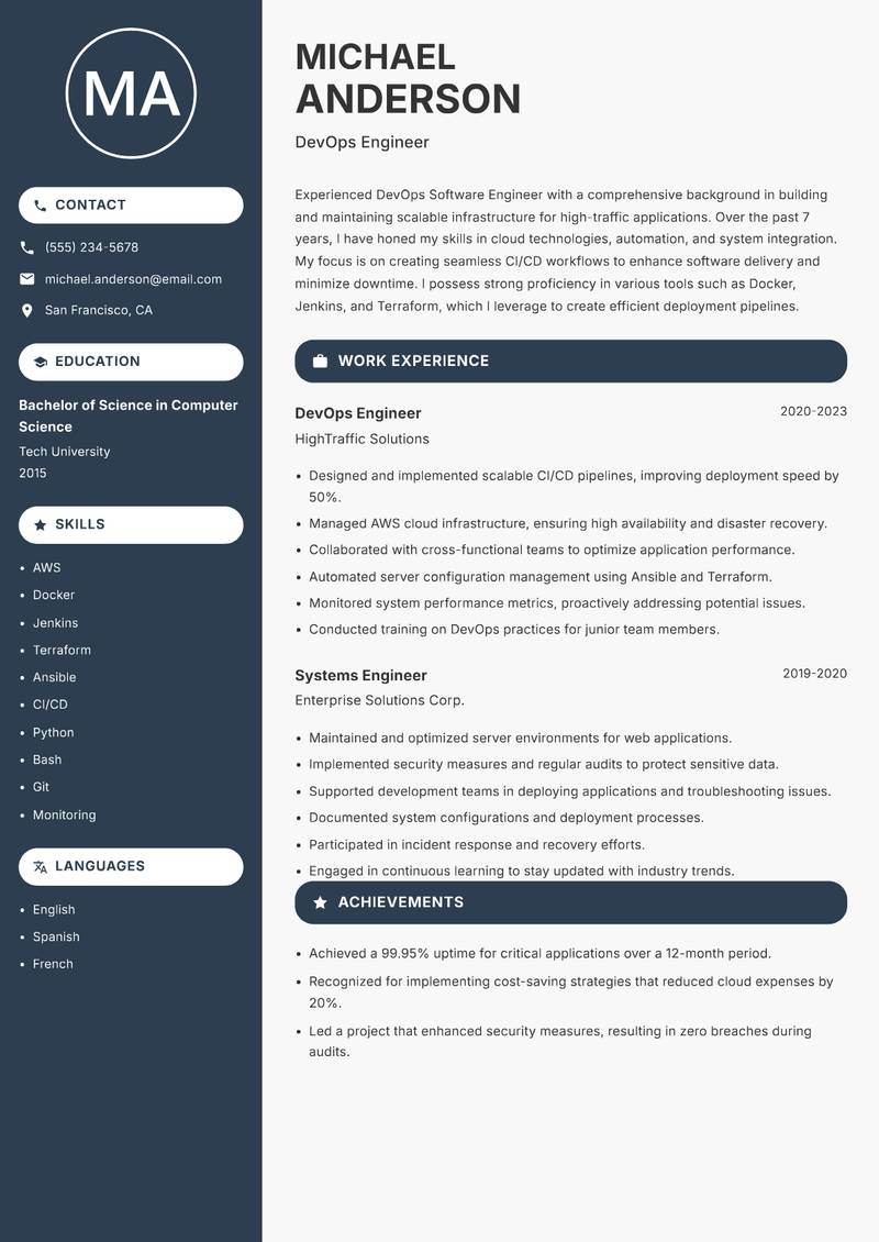 DevOps Software Engineer resume template — Compact
