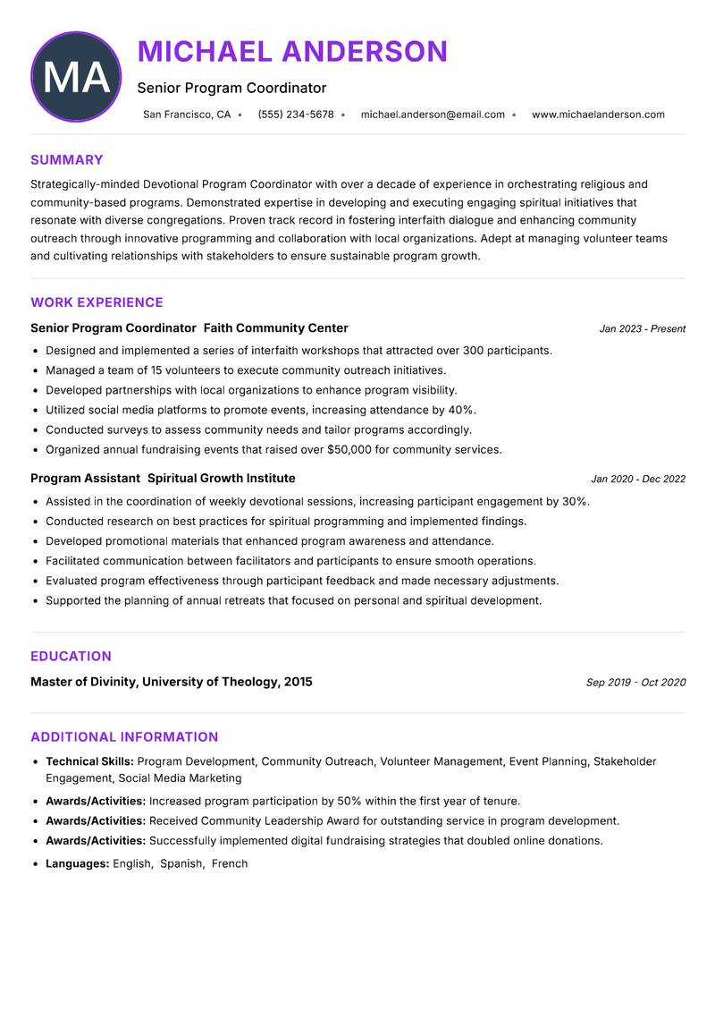 Devotional Program Coordinator resume example — ATS-friendly template