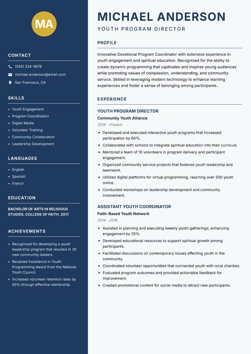 Devotional Program Coordinator resume template — Classic Clean