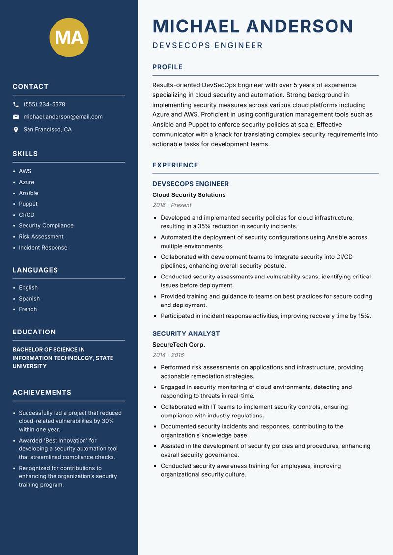 DevSecOps Engineer resume template — Classic Clean