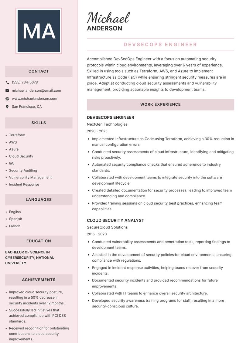 DevSecOps Engineer resume template — Executive