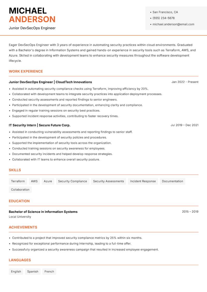 DevSecOps Engineer resume template — Modern Professional