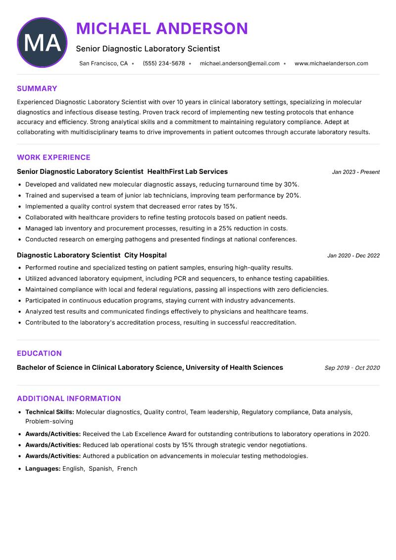 Diagnostic Laboratory Scientist resume example — ATS-friendly template