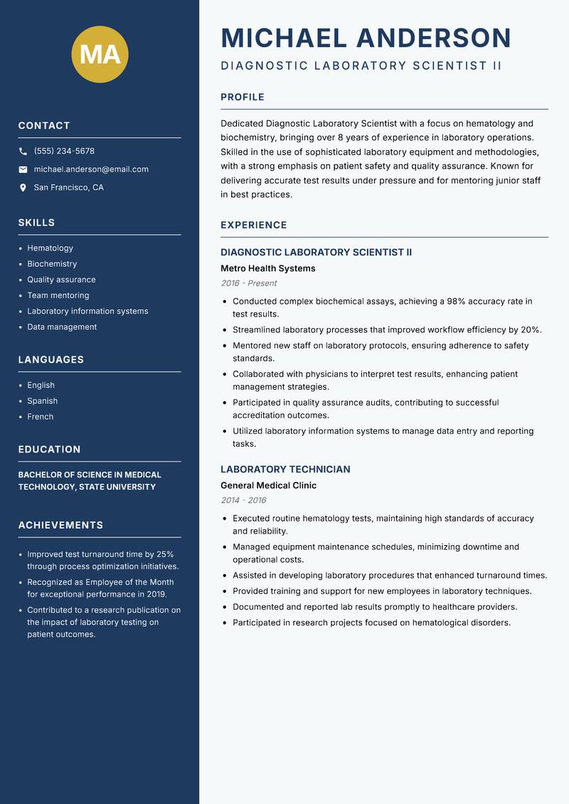 Diagnostic Laboratory Scientist resume template — Classic Clean