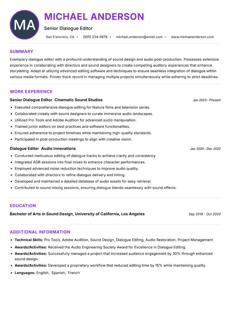 Dialogue Editor resume example — ATS-friendly template