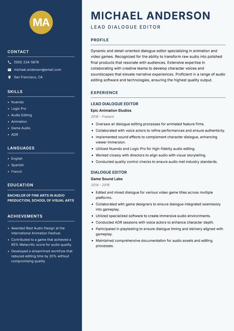 Dialogue Editor resume template — Classic Clean