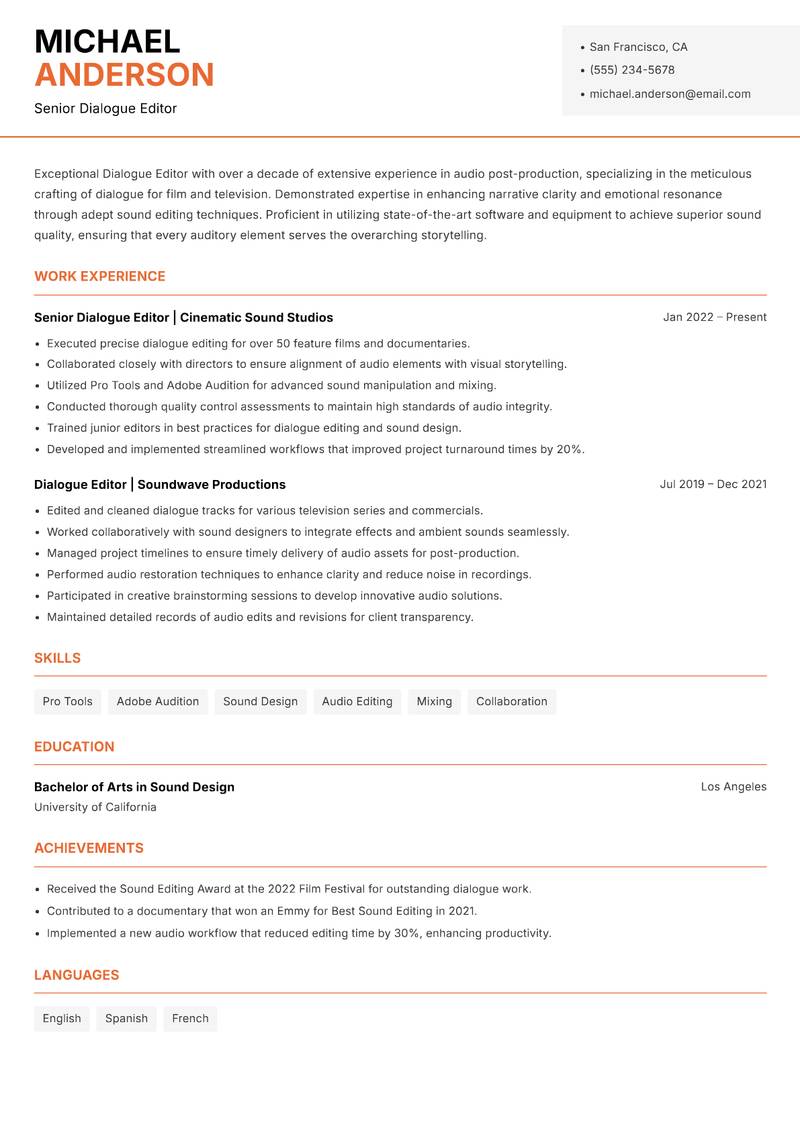 Dialogue Editor resume template — Modern Professional