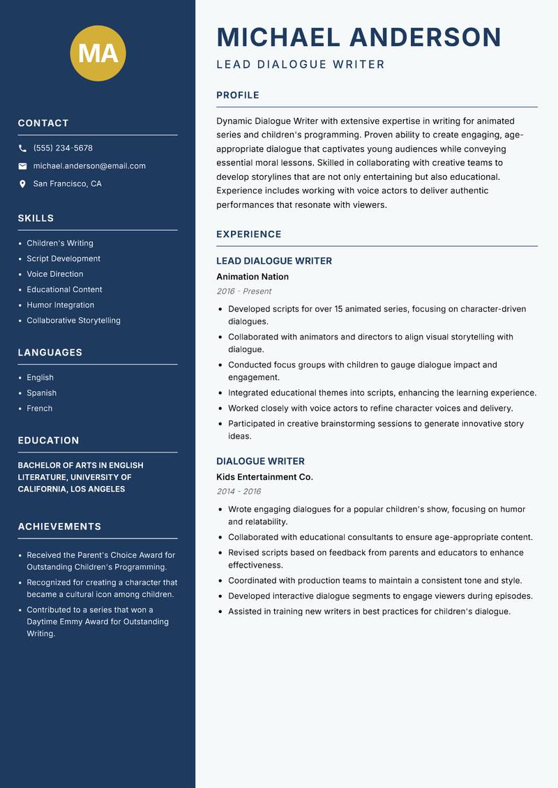 Dialogue Writer resume template — Classic Clean