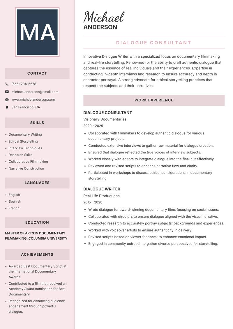 Dialogue Writer resume template — Executive