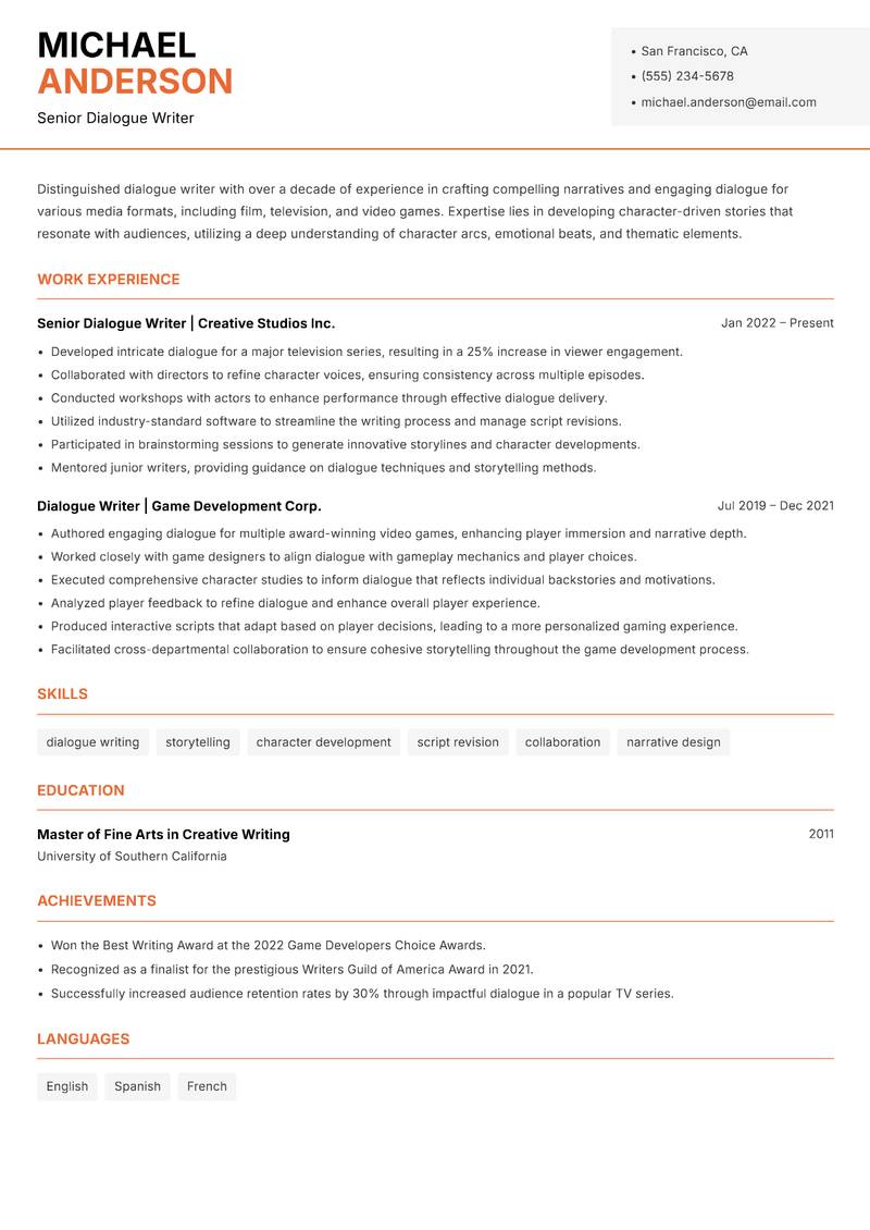 Dialogue Writer resume template — Modern Professional