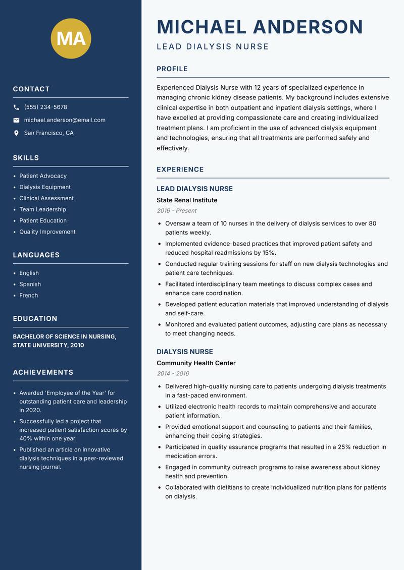 Dialysis Nurse resume template — Classic Clean