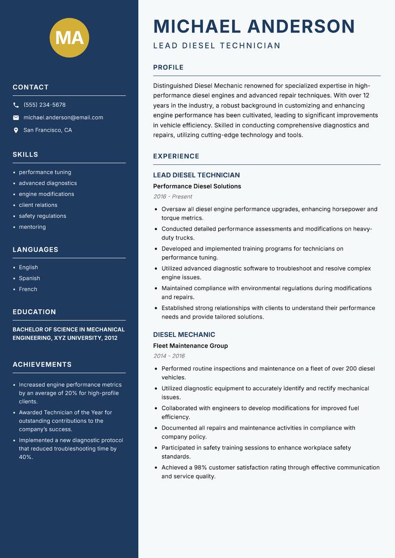 Diesel Mechanic resume template — Classic Clean