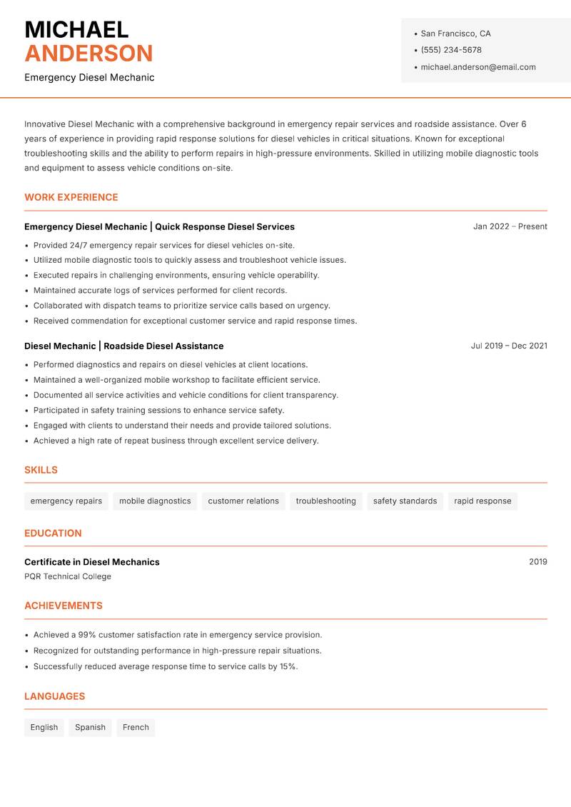 Diesel Mechanic resume template — Modern Professional