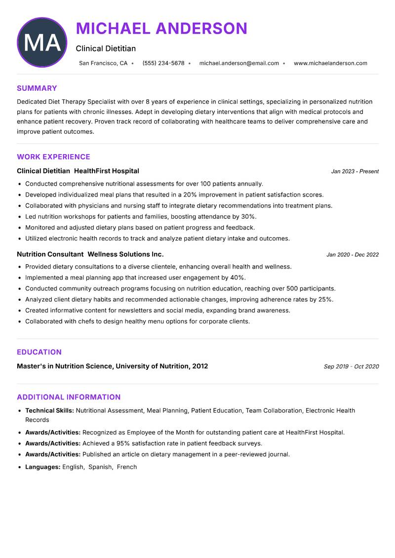 Diet Therapy Specialist resume example — ATS-friendly template