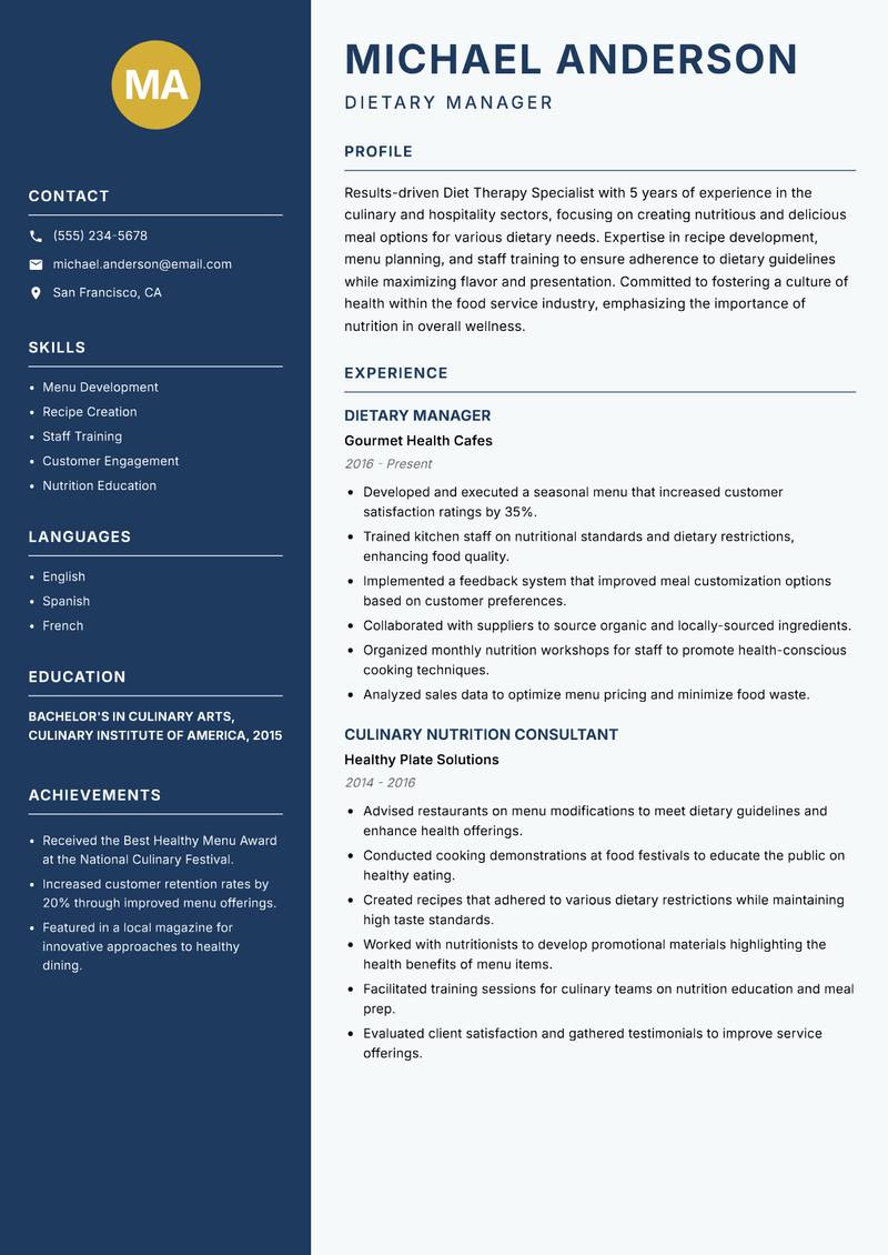 Diet Therapy Specialist resume template — Classic Clean