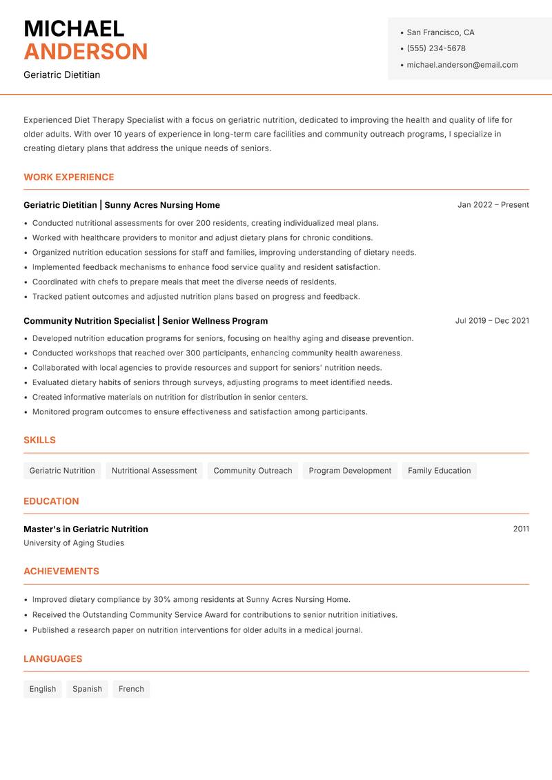 Diet Therapy Specialist resume template — Modern Professional