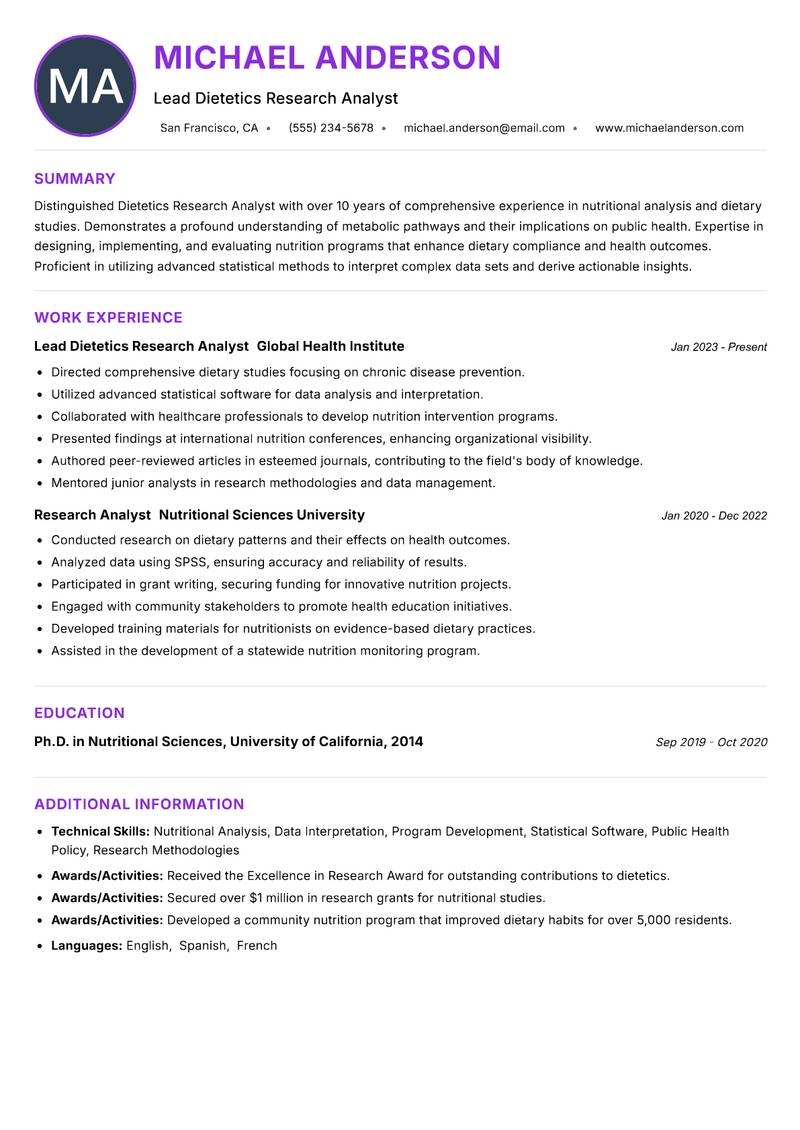 Dietetics Research Analyst resume example — ATS-friendly template
