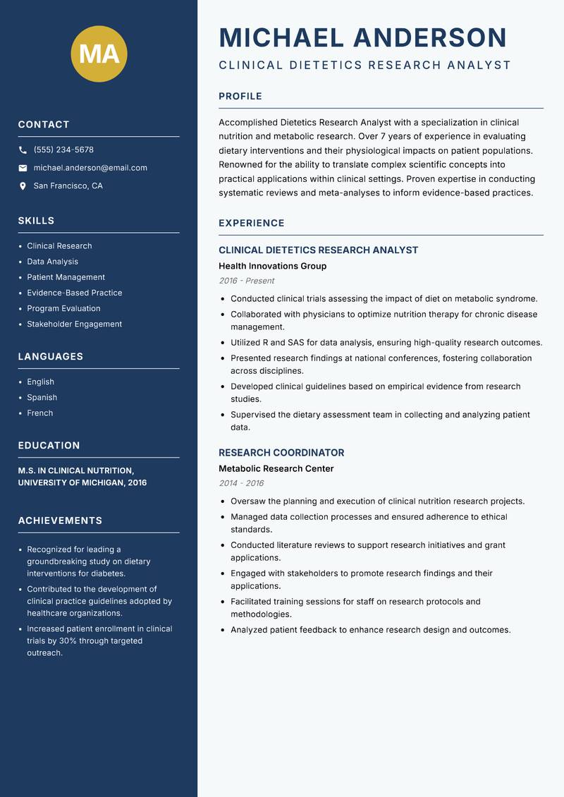 Dietetics Research Analyst resume template — Classic Clean