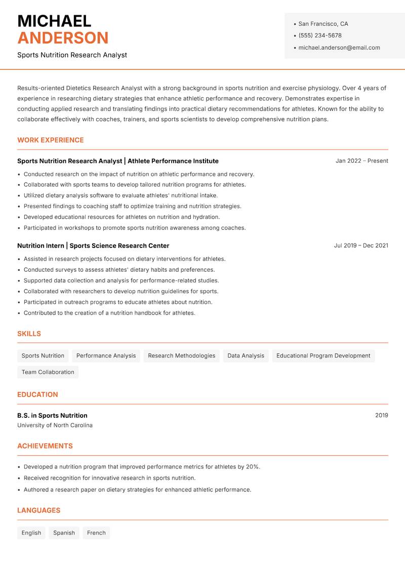 Dietetics Research Analyst resume template — Modern Professional