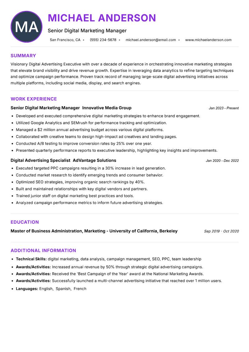 Digital Advertising Executive resume example — ATS-friendly template