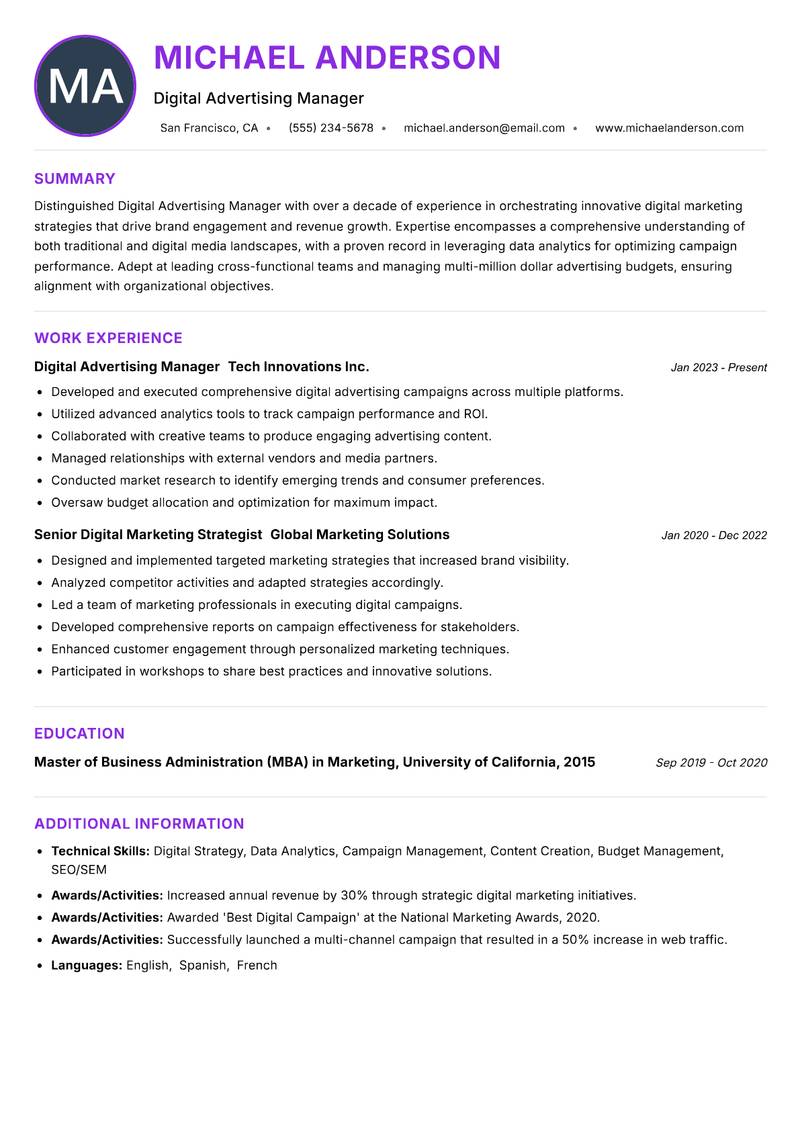 Digital Advertising Manager resume example — ATS-friendly template