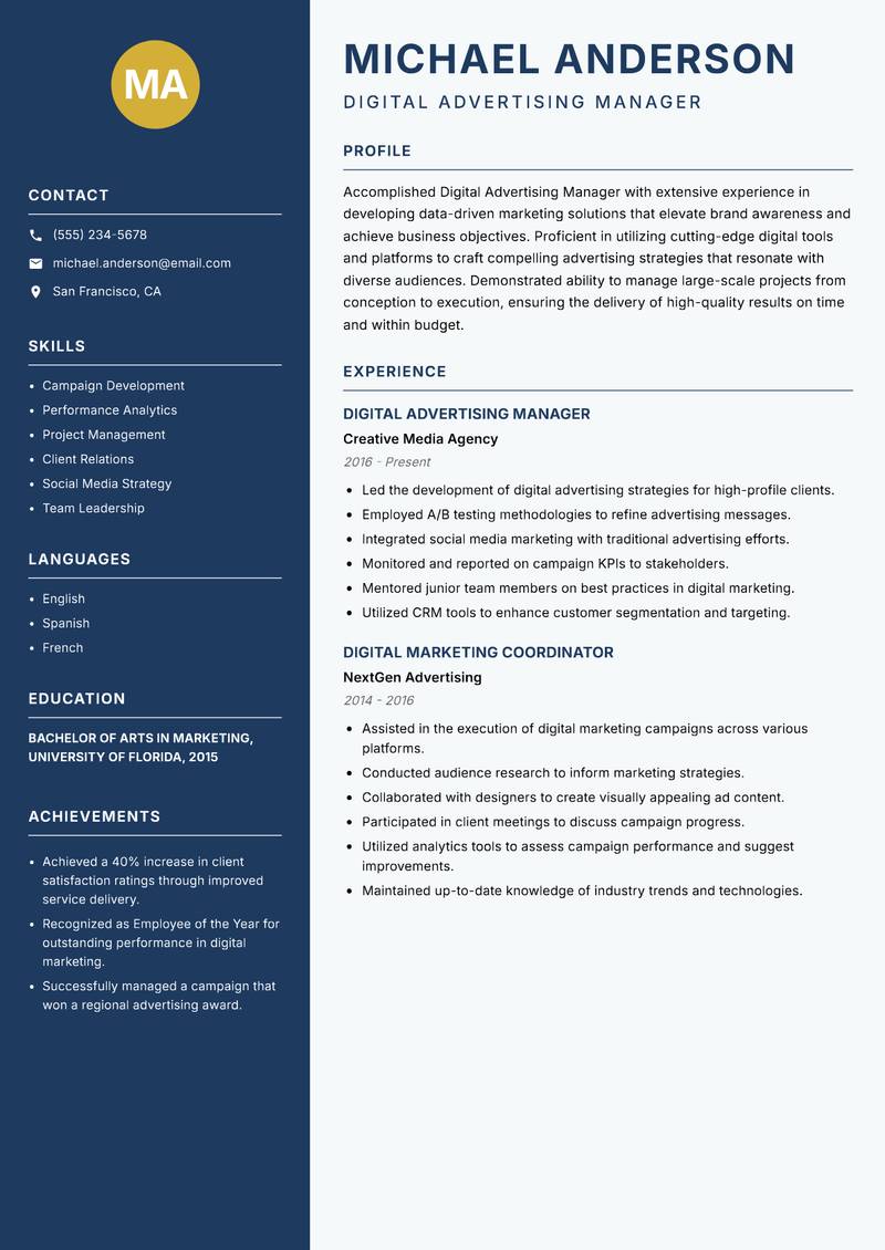 Digital Advertising Manager resume template — Classic Clean
