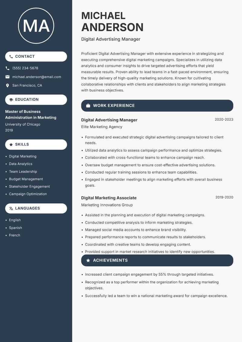 Digital Advertising Manager resume template — Compact