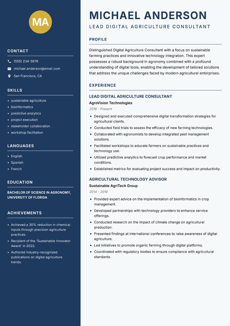 Digital Agriculture Consultant resume template — Classic Clean