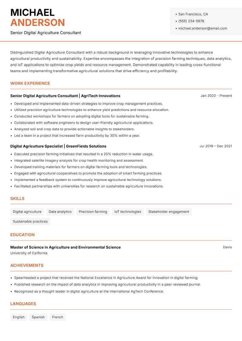 Digital Agriculture Consultant resume template — Modern Professional