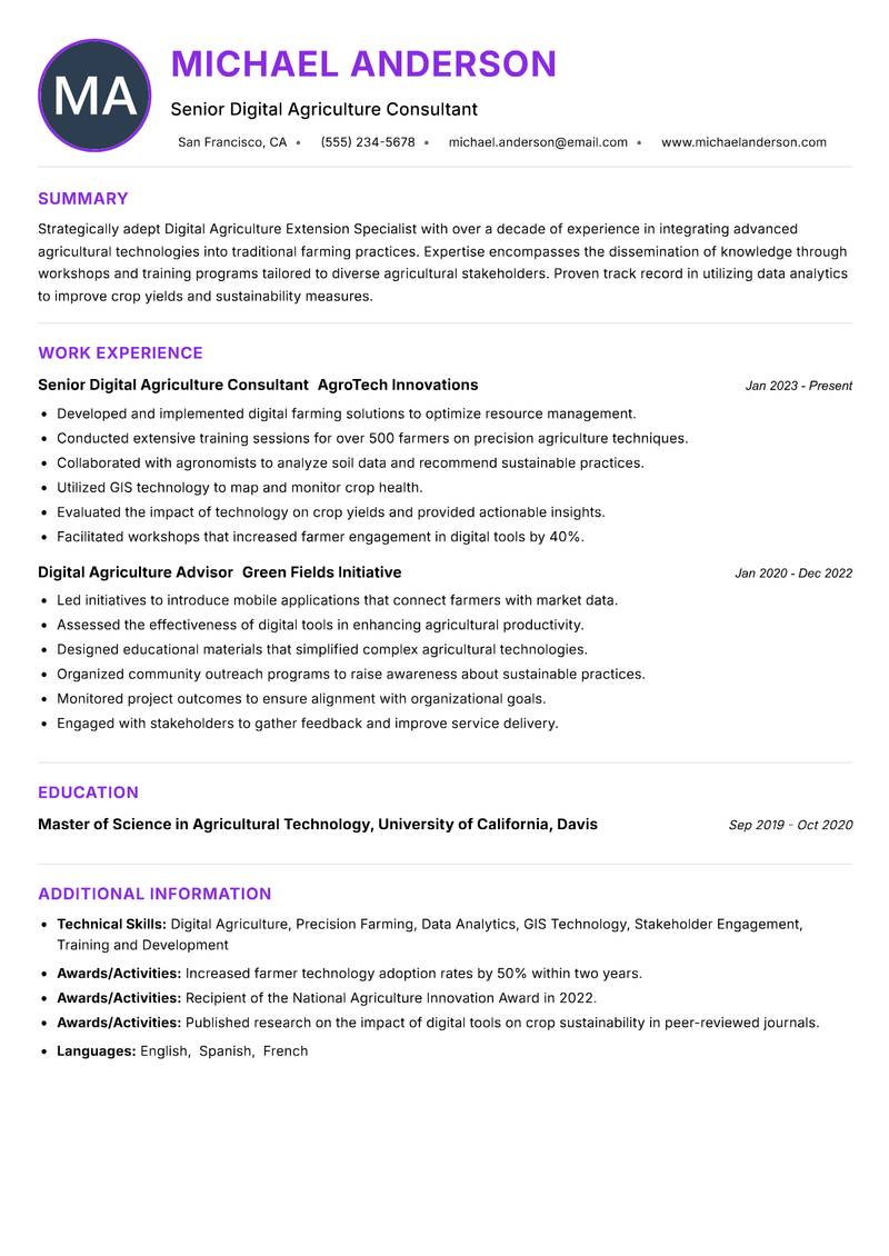 Digital Agriculture Extension Specialist resume example — ATS-friendly template