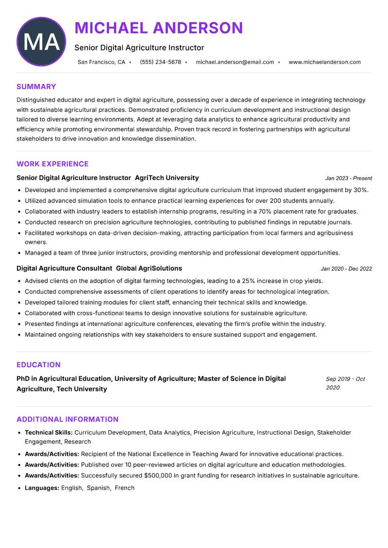 Digital Agriculture Instructor resume example — ATS-friendly template