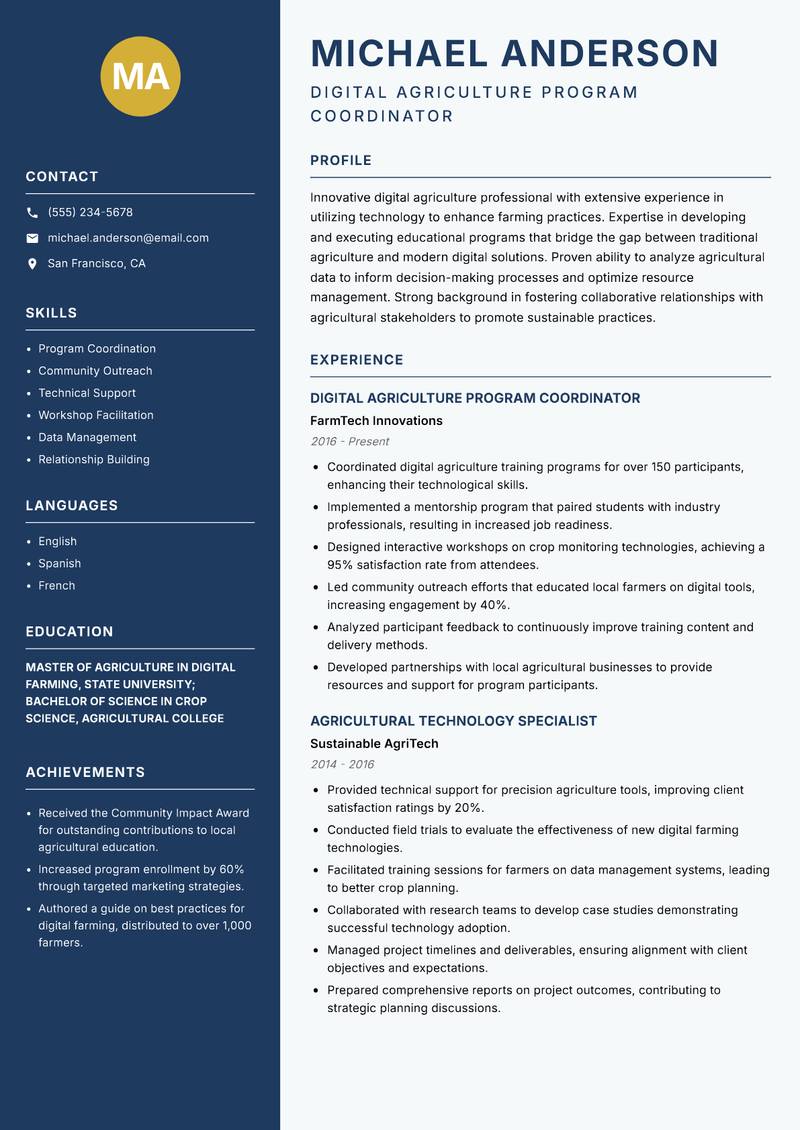 Digital Agriculture Instructor resume template — Classic Clean