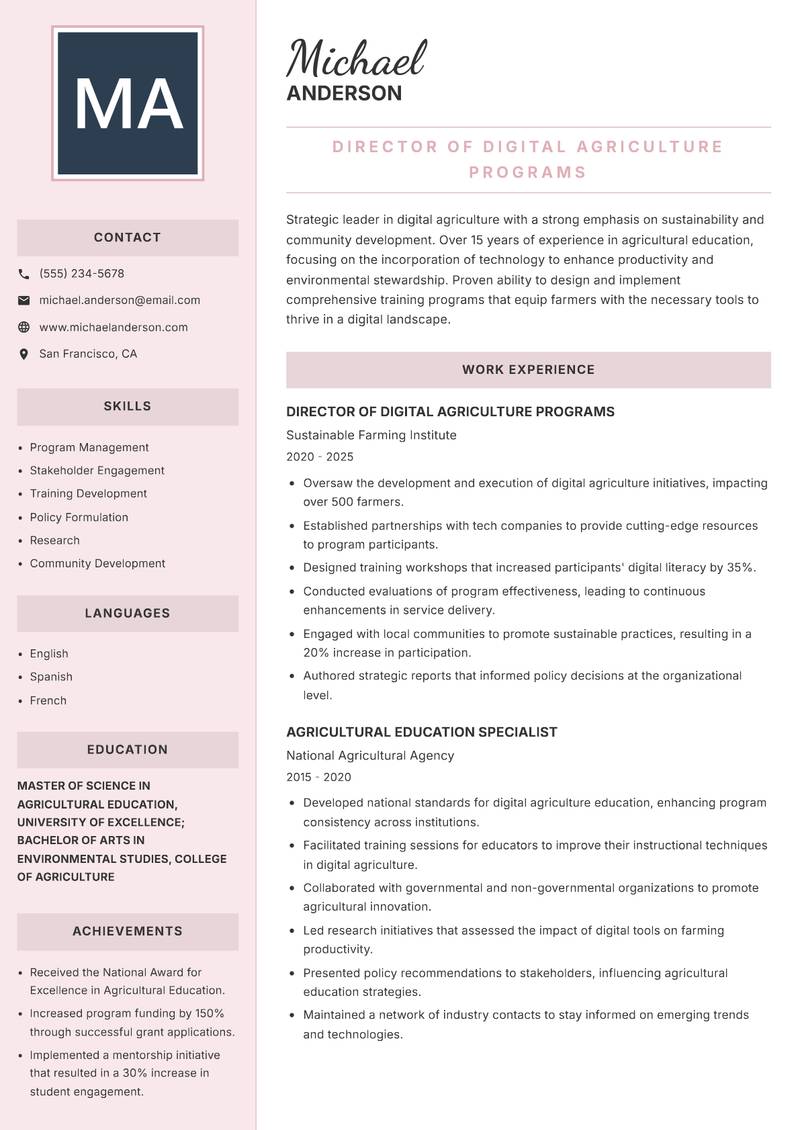 Digital Agriculture Instructor resume template — Executive