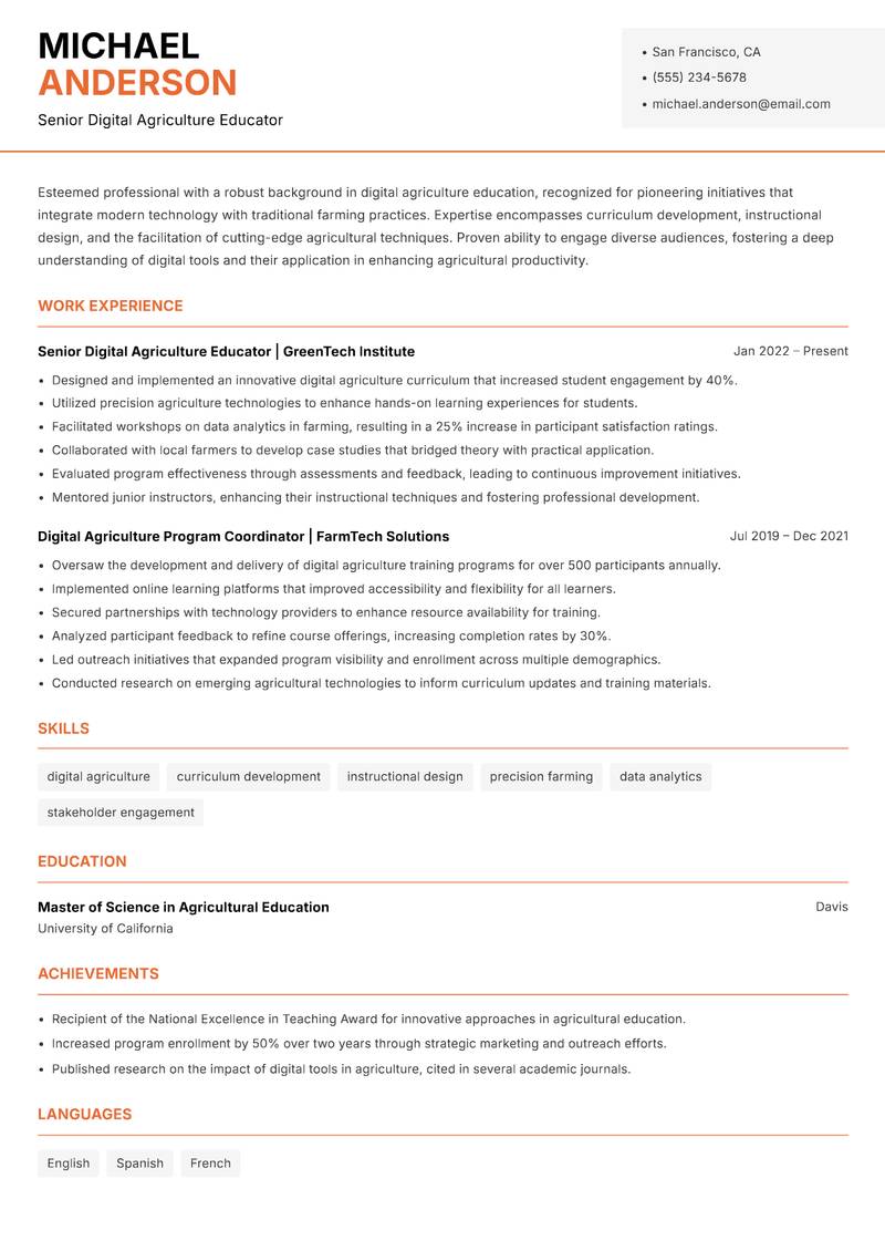 Digital Agriculture Instructor resume template — Modern Professional