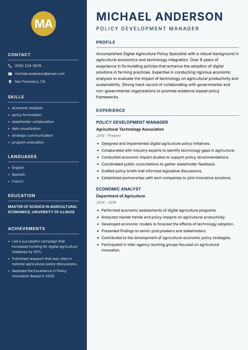 Digital Agriculture Policy Specialist resume template — Classic Clean
