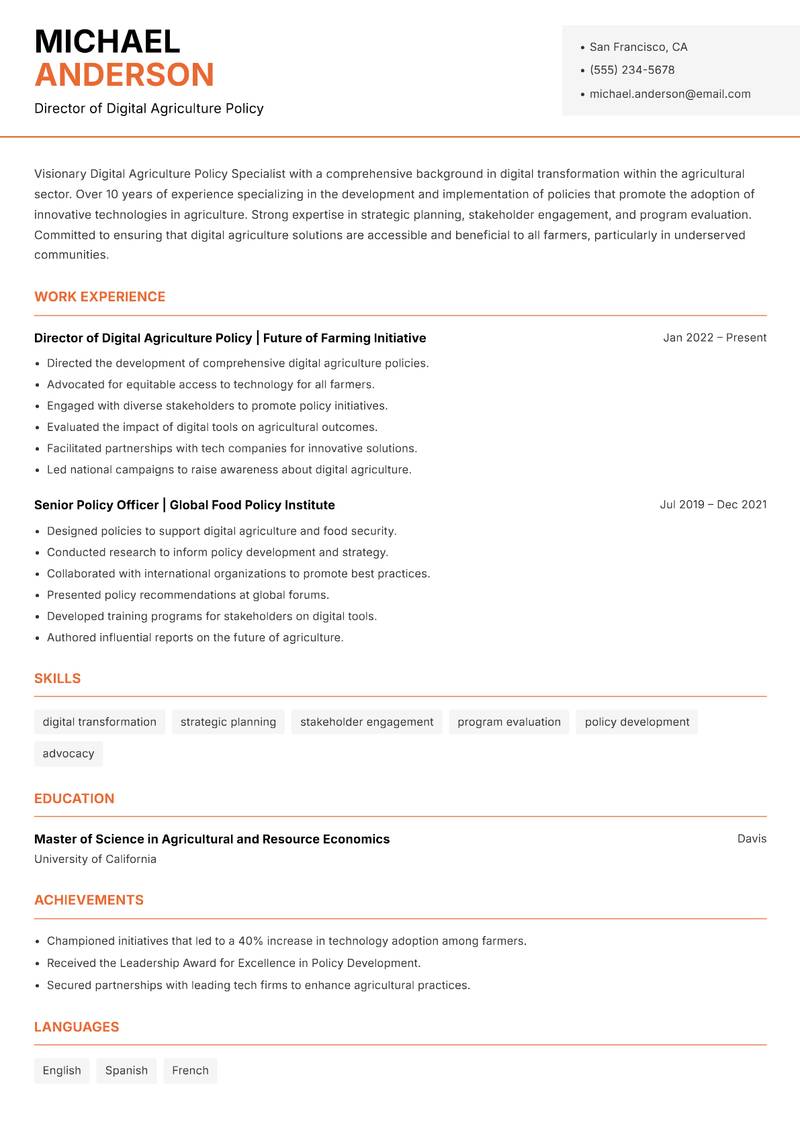 Digital Agriculture Policy Specialist resume template — Modern Professional