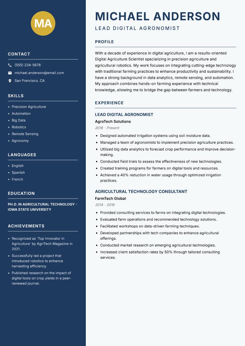Digital Agriculture Scientist resume template — Classic Clean
