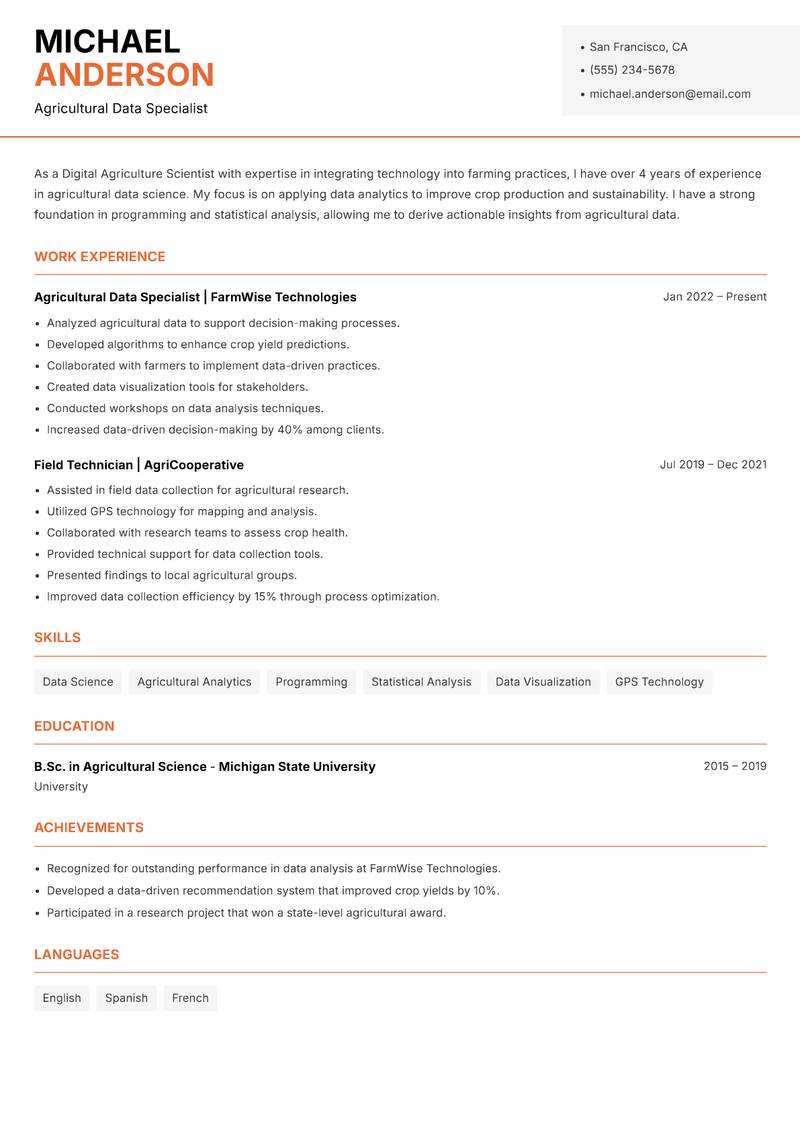Digital Agriculture Scientist resume template — Modern Professional