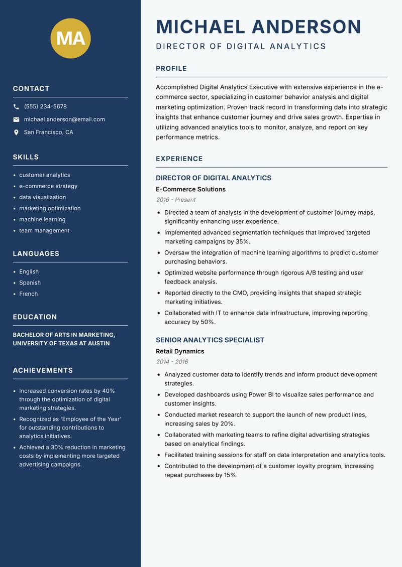 Digital Analytics Executive resume template — Classic Clean