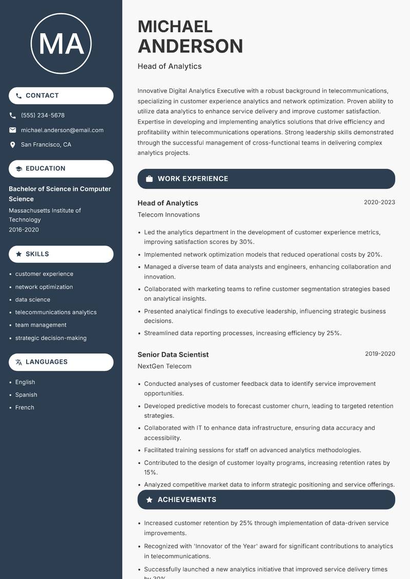 Digital Analytics Executive resume template — Compact