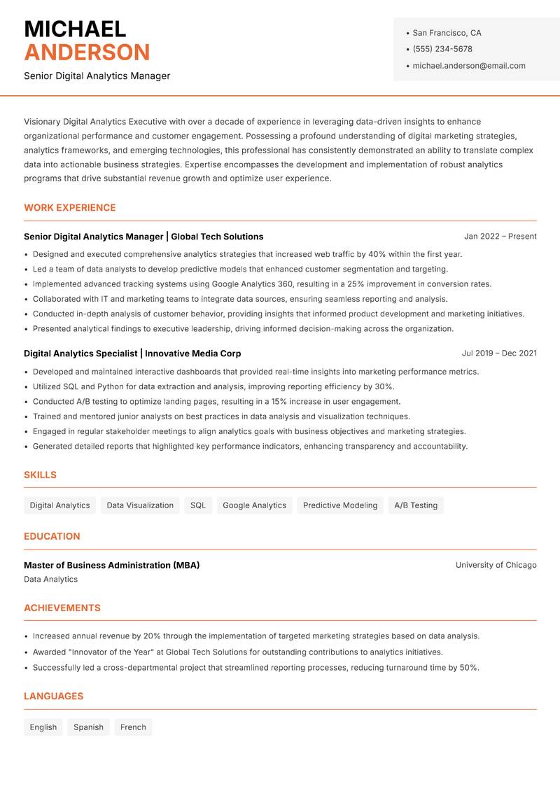Digital Analytics Executive resume template — Modern Professional